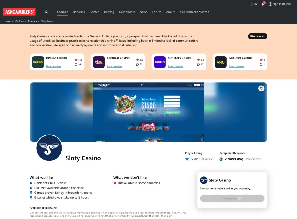 Independent casino directory page marking Sloty Casino as closed
