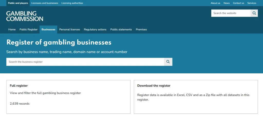 UK Gambling Commission public business register search interface