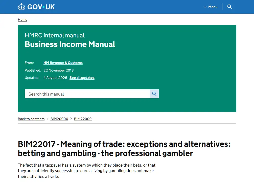 HMRC Business Income Manual guidance on betting and gambling activity