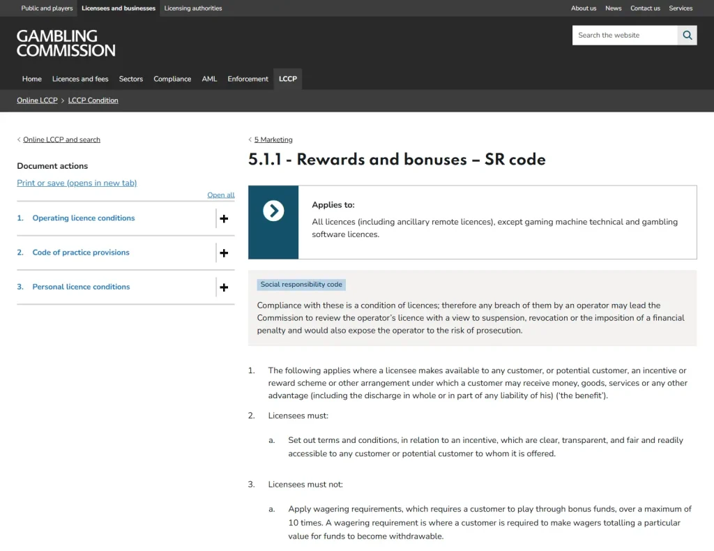 UK Gambling Commission code showing the bonus wagering and single-product incentive rules