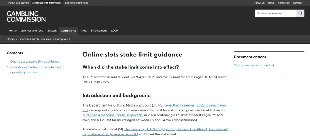 UK Gambling Commission guidance showing online slot stake age bands