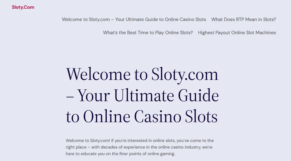 Current Sloty.com homepage displaying editorial content about online slots
